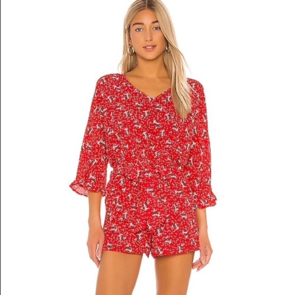 BB Dakota Floral Printed Tie Waist Romper Red Sz M